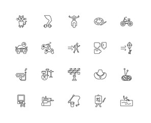 Collection of 20 hobbies linear icons such as Snorkel, Swimming,
