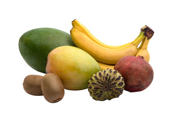 Mango, banana, kiwi. pomegranat and sugar apple isolated on the white. Tasty multifruit.