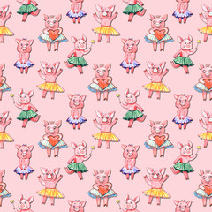 Colorful seamless pattern with pig, pastel textile fabric print illustration