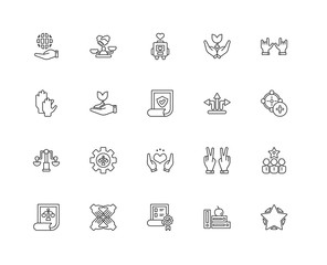 Collection of 20 ethics pictograms linear icons such as Balance,