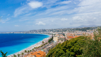 Fototapeta na wymiar Panorama of the old town of Nice, France, next to Promenade des Anglais, by the blue sea