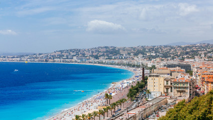 Fototapeta na wymiar Panorama of the old town of Nice, France, next to Promenade des Anglais, by the blue sea
