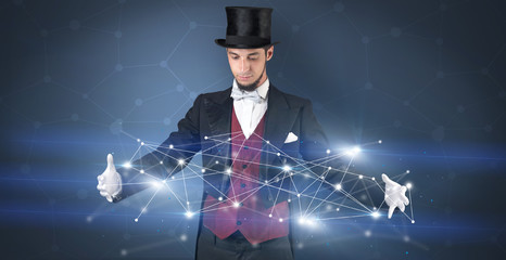 Magician with blue background and geometrical connection between two hands
