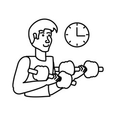 young athletic man with dumbbells sport and clock