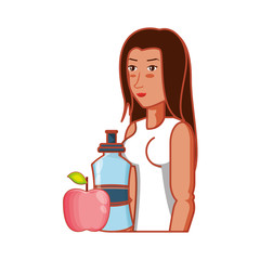 athletic woman with bottle of water and apple fruit