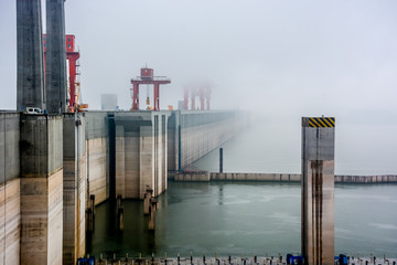 Three Gorges Dam on the Yangtze River in China in the Early Morning Fog