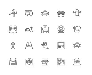 Collection of 20 city elements linear icons such as Stop, Museum