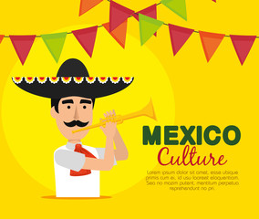 mariachi man with trumpet and party banner