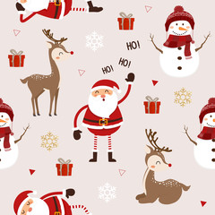 seamless pattern of Santa Clause, deer, snowman and gift. Cute Christmas holidays cartoon