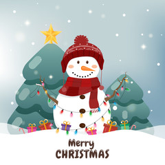 Snowman with Christmas lights, Christmas greeting card.