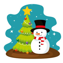 christmas pine tree and snowman with hat