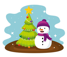 chritsmas pine tree and snowman wearing hat
