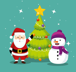 santa claus with pine tree and snowman