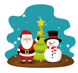 santa claus and pine tree with snowman