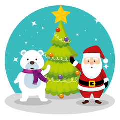 pine tree with santa claus and snow bear
