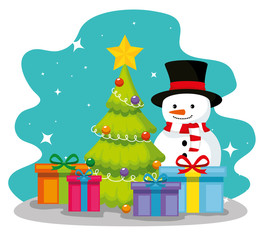 pine tree and snowman with gifts presents