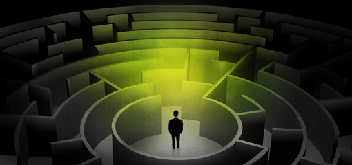 Businessman can not decide which entrance to chose in a middle of a dark maze
