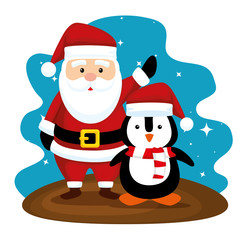 santa claus and penguin with hat to merry christmas