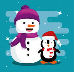 snowman and penguin wearing hat and scarf to christmas