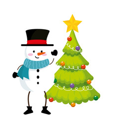 snowman wearing hat and scarf next to pine tree