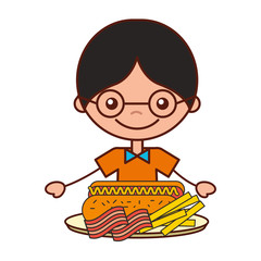 boy with bacon french fries and hot dog