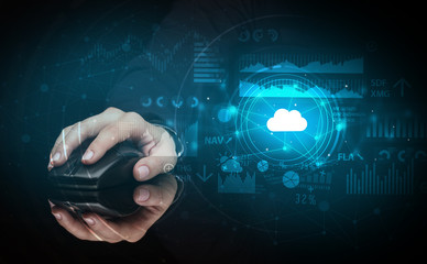 Hand using wireless mouse with cloud technology concept and dark background