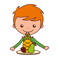 boy with pineapple pear and strawberry