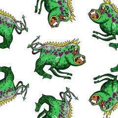 Wacky, Crazy space alien or monster cartoon. Seemless Pattern. Computer graphic comic original illustration.