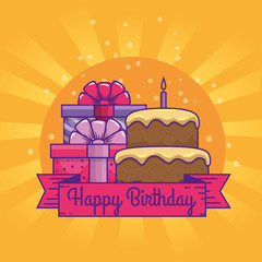 cake with presents gifts and ribbon to birthday