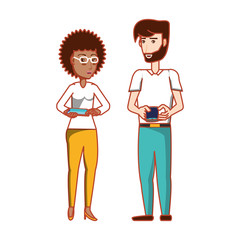 young couple with smartphones devices