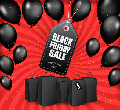 Black Friday Sale Background with Shiny Balloons and Shopping Bags. Vector