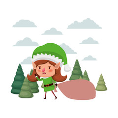 elf woman with gift bag with christmas trees avatar character