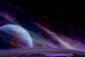Illustration of a space scene with planets.