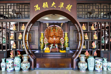 interior of chinese buddhist temple in thailand