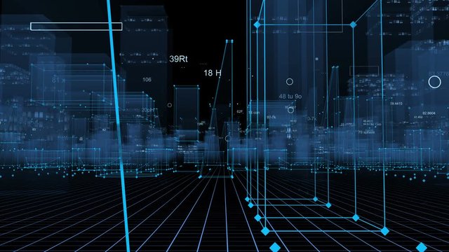 Technological digital background consisting of a futuristic city with data. looped