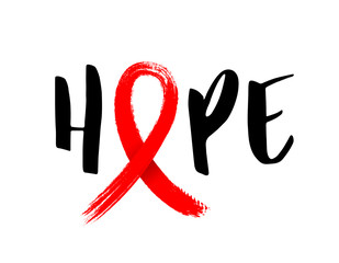 Hope with red ribbon in brush style. World AIDS Day. Aids Awareness icon design for poster, banner, t-shirt. illustration isolated on white background.