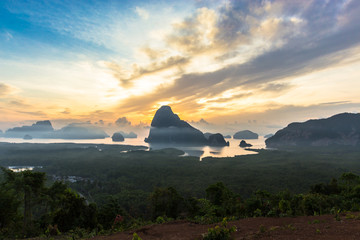 The most beautiful view of Phang Nga Bay from Samed Dang Viewpoint. The mangrove forest can be seen. And many mountains at Phang Nga, Thailand.