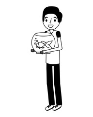 boy holding goldfish on bowl