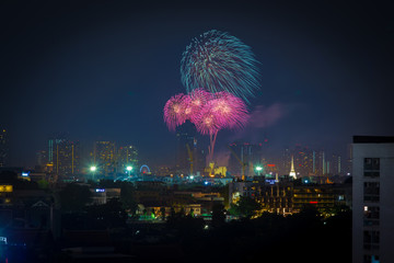 Firework of Cityscape at Night in Bangkok, Thailand