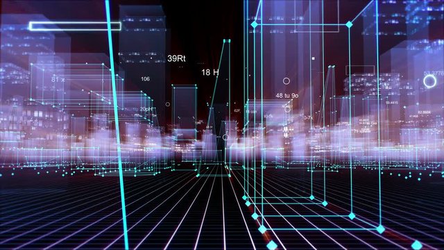 Technological digital background consisting of a futuristic city with data. looped