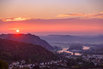Scenic aerial view of sunrise in old historic touristic town Maribor in Slovenia