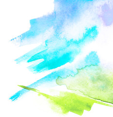     Watercolor blue, green background, blot, blob, splash of blue, green paint. Watercolor blue, green sky, spot, abstraction. Abstract art illustration, scenic background. Abstract artistic frame. 