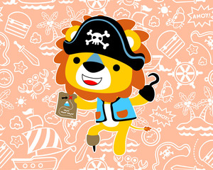 Vector cartoon of lion the pirate on seamless pattern sailing theme set