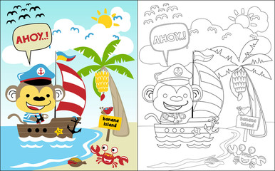 coloring book vector with monkey cartoon on sailboat