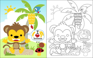coloring book vector of little monkey cartoon with little friends