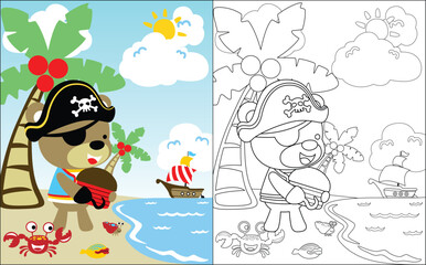 coloring book vector of finding treasure cartoon with funny pirate