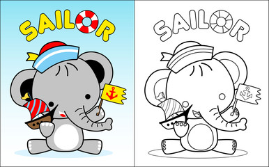 coloring book vector with little elephant cartoon the sailor
