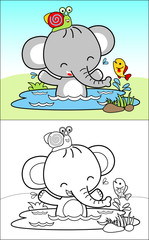 coloring book vector of bath with elephant and friends in the swamp