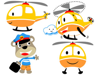 vector set of funny helicopter cartoon with little pilot