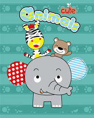 animals cartoon vector with elephant, zebra, and bear on striped background